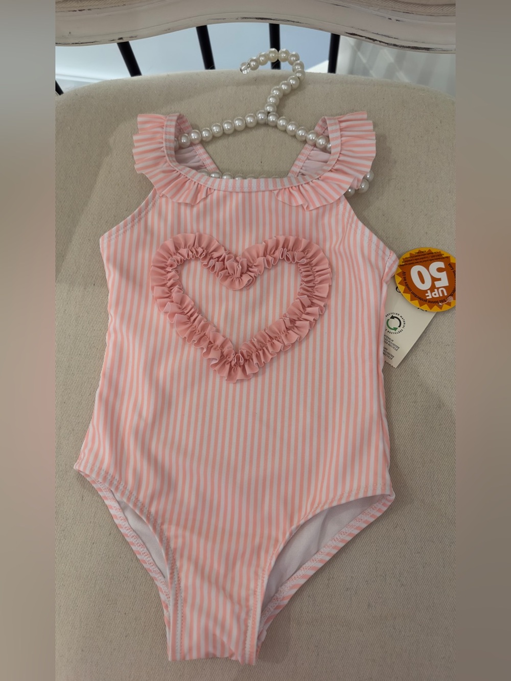 🤍 3T Girls Pink Striped One-Piece Swimsuit with Ruffle Heart Detail NWT